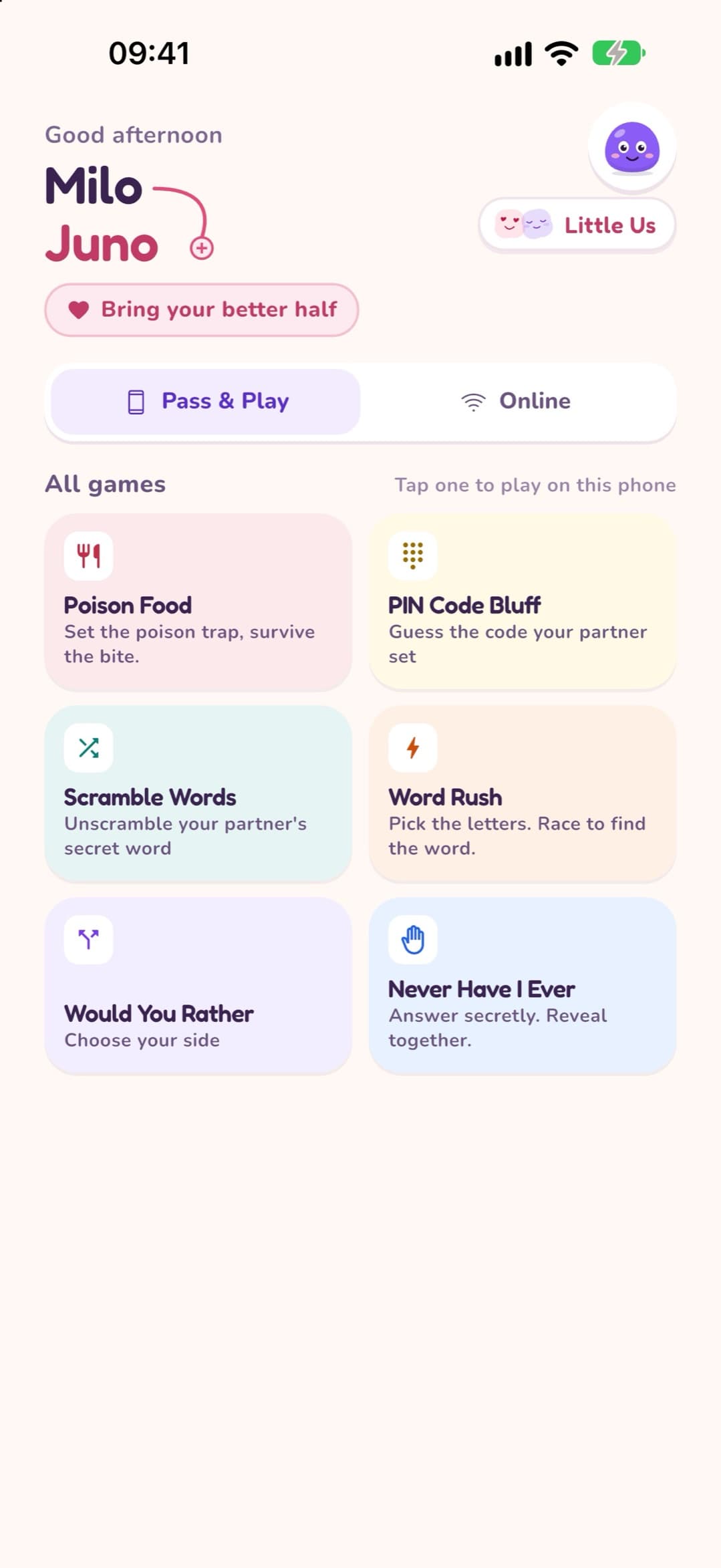 Layar beranda LoveYug dengan pilihan Gantian Main / Online dan kartu untuk setiap game.