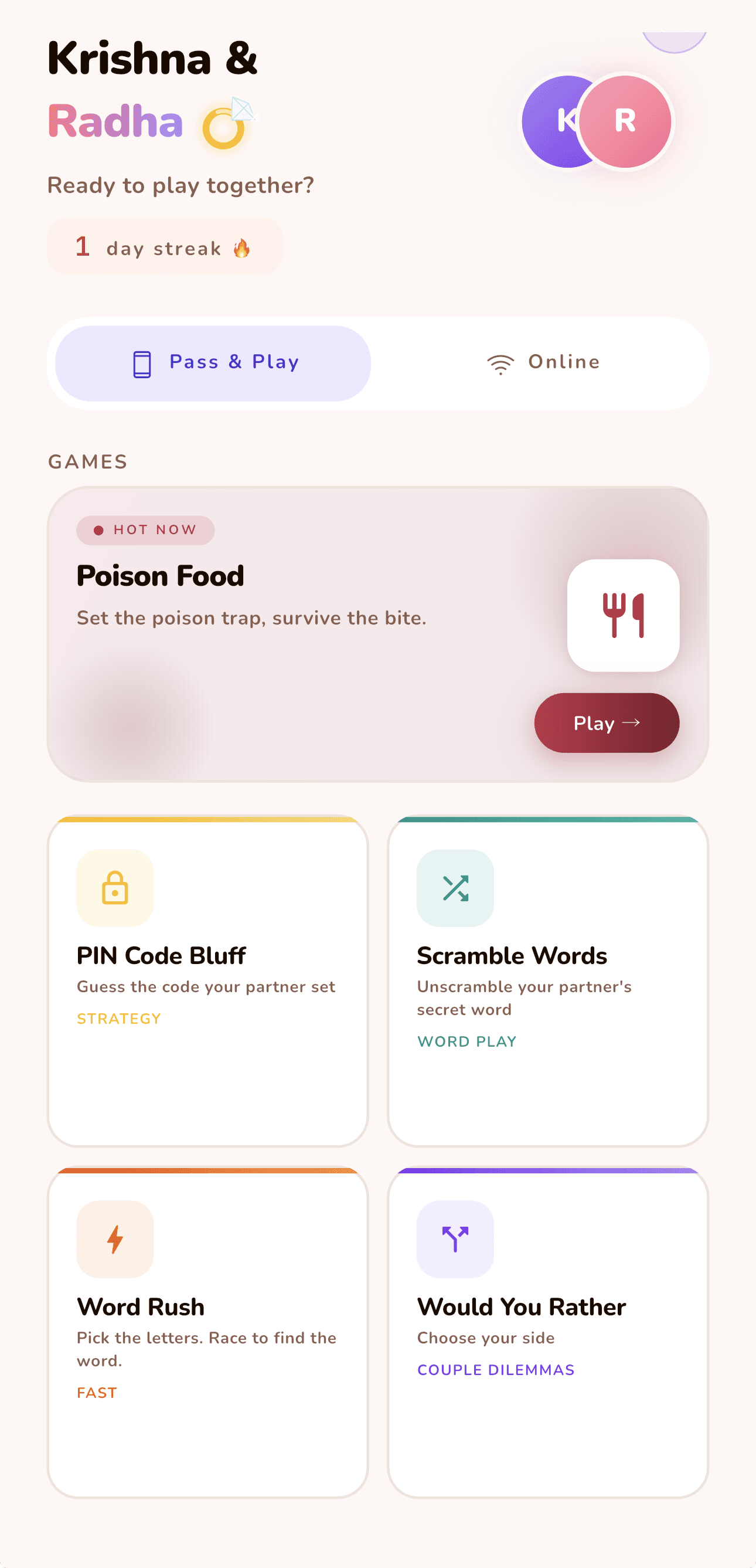The LoveYug home screen showing a couple's shared profile, a play-streak counter, a Pass & Play and Online toggle, and cards for Poison Food, Pin Code Bluff, Scramble Words, Word Rush and Would You Rather.
