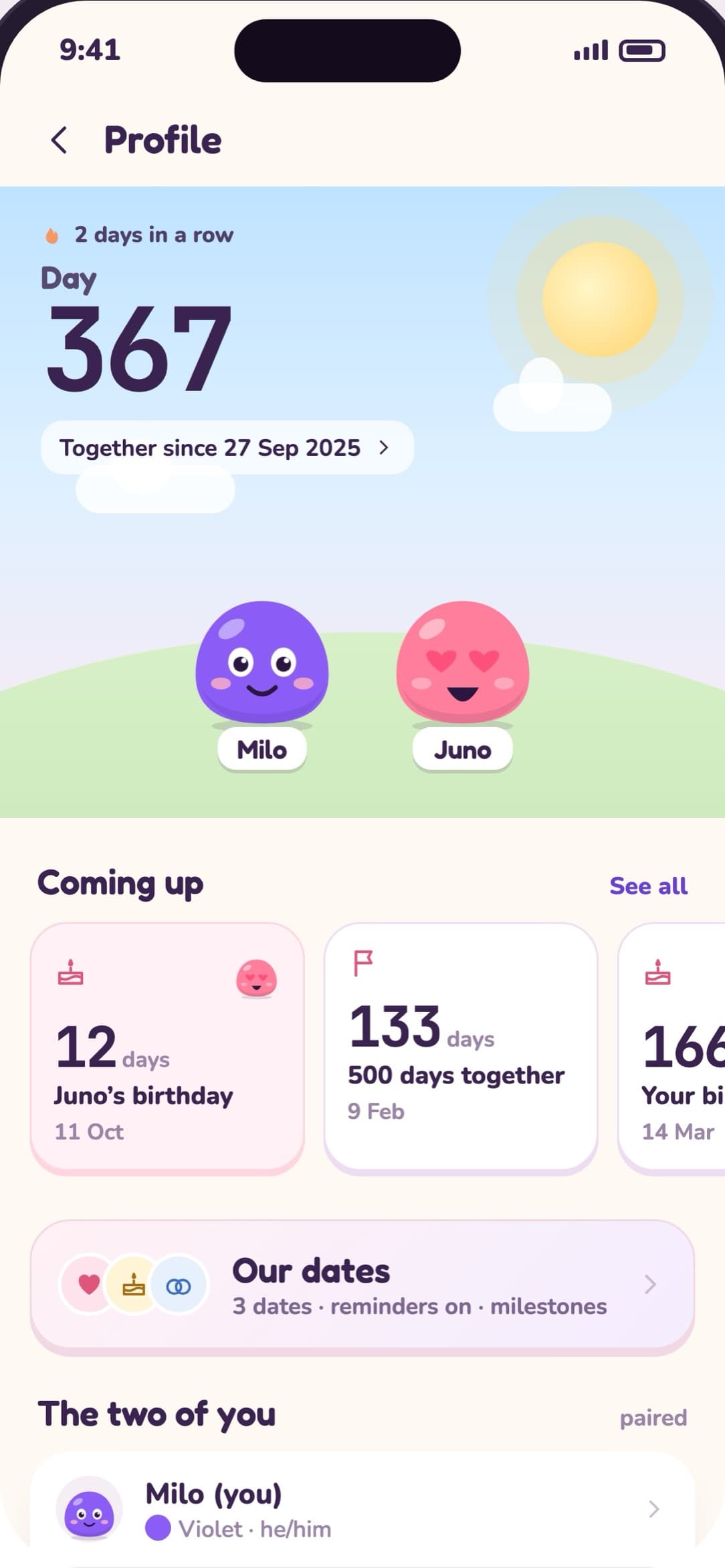 LoveYug profile: Day 367 together since 27 Sep 2025, Milo and Juno on a sunny hill, and upcoming dates: 12 days to Juno's birthday and 133 days to 500 days together.