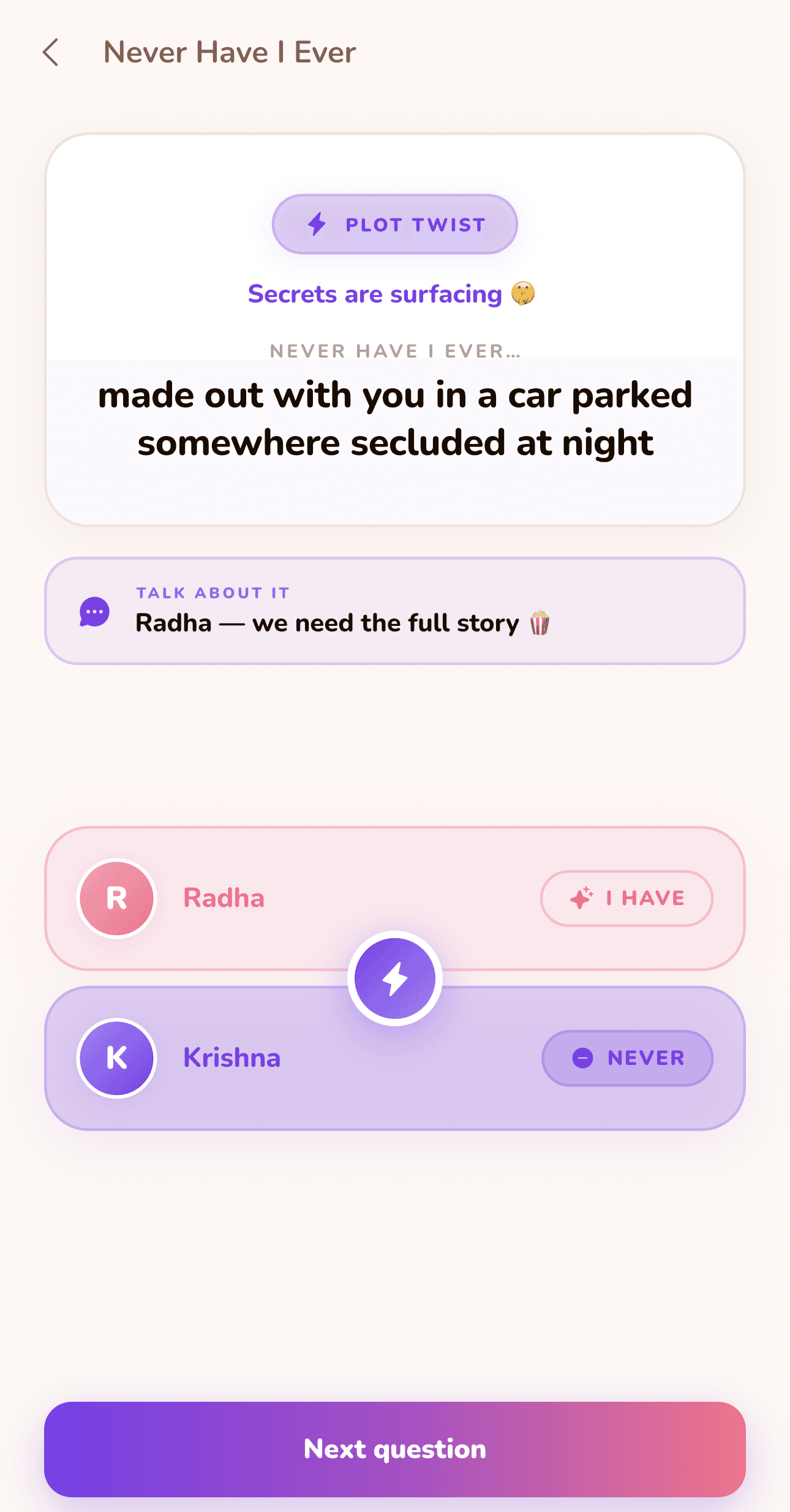 Never Have I Ever in LoveYug showing a prompt with one partner answering "I have" and the other "Never", and a follow-up nudge to tell the full story.