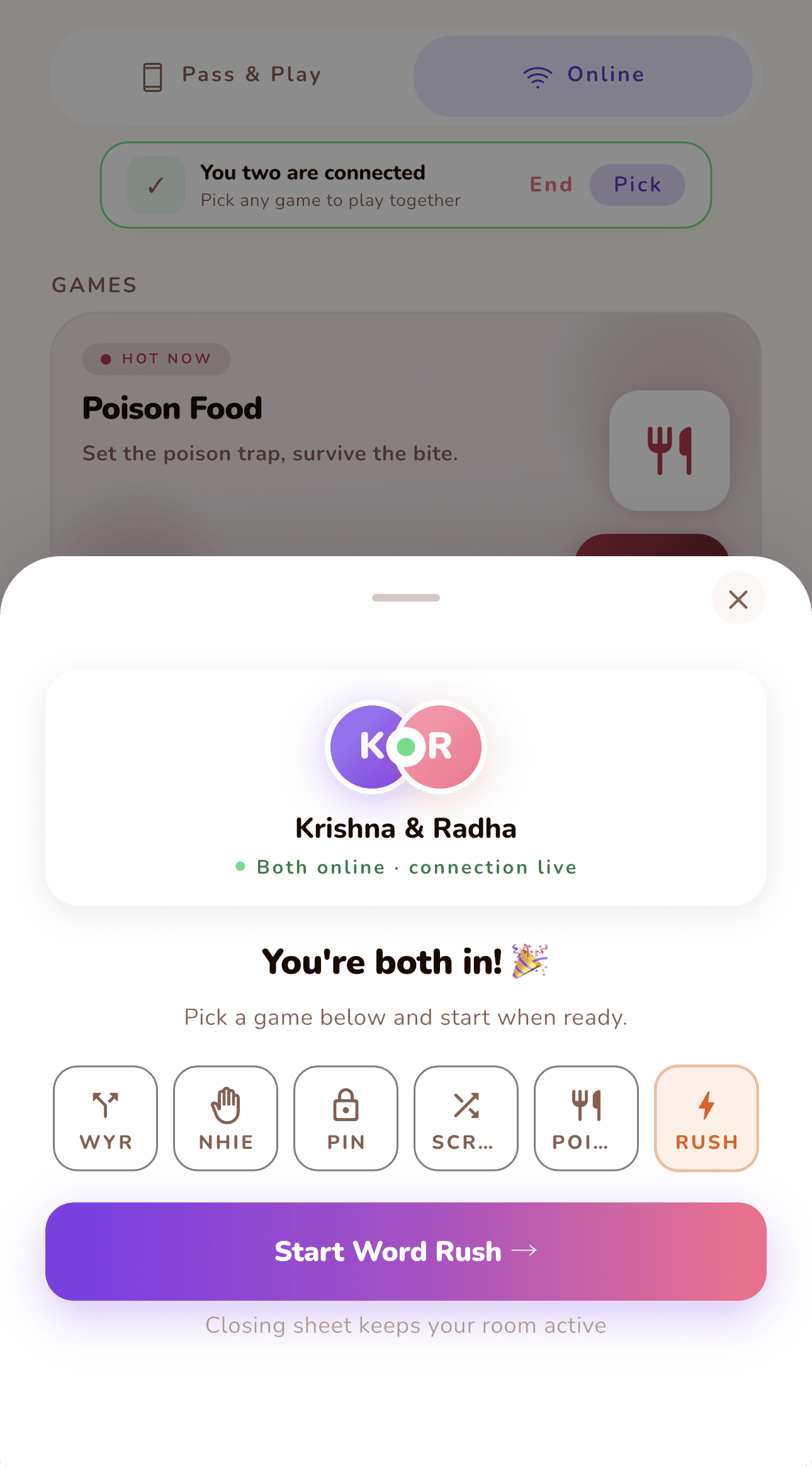 LoveYug online multiplayer screen showing both partners online with a live connection, a row of game shortcuts for Would You Rather, Never Have I Ever, Pin Bluff, Scramble Words, Poison Food and Word Rush, and a Start Word Rush button.