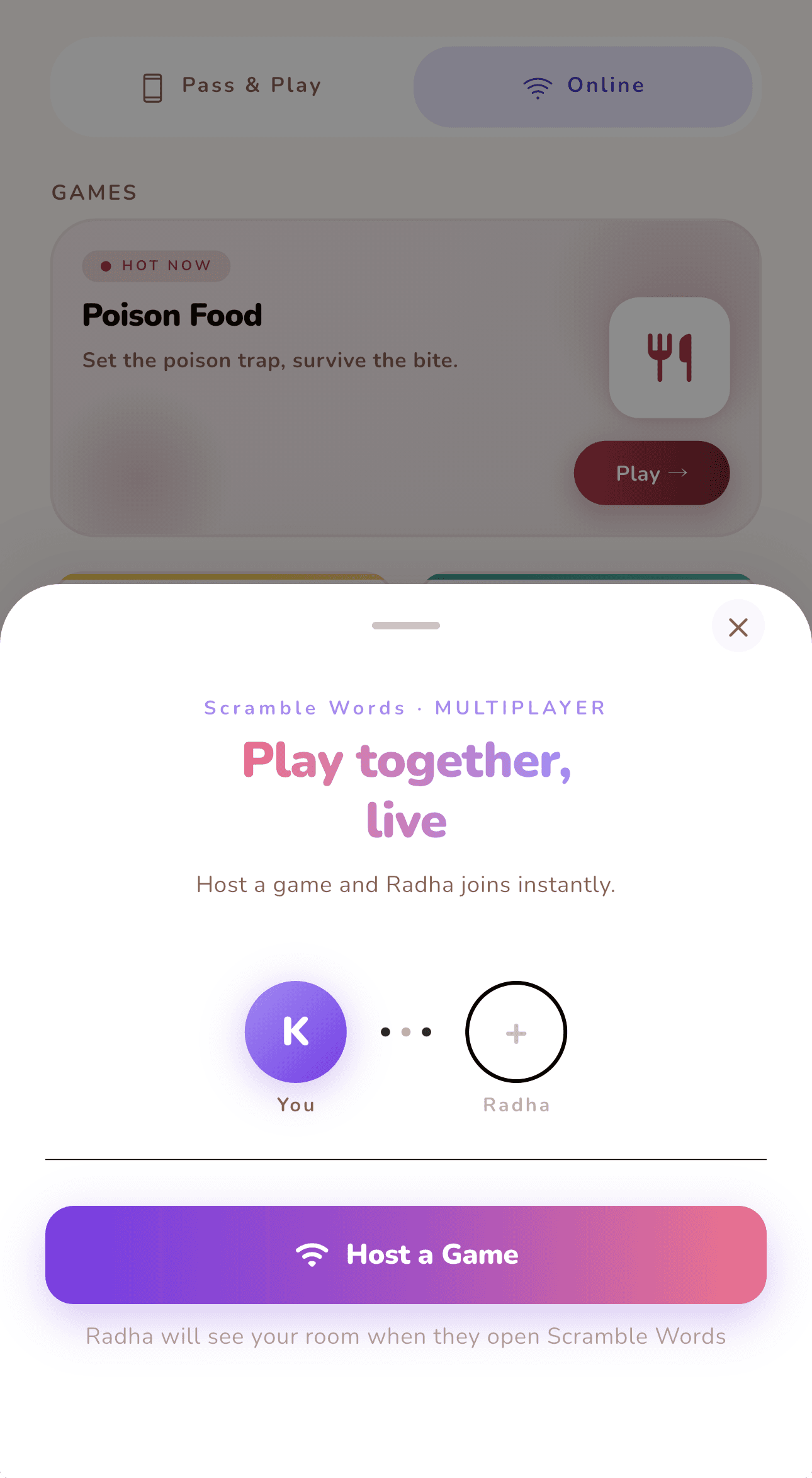 LoveYug online multiplayer sheet reading "Play together, live", showing one partner's avatar connected to an empty slot for the other, above a Host a Game button.