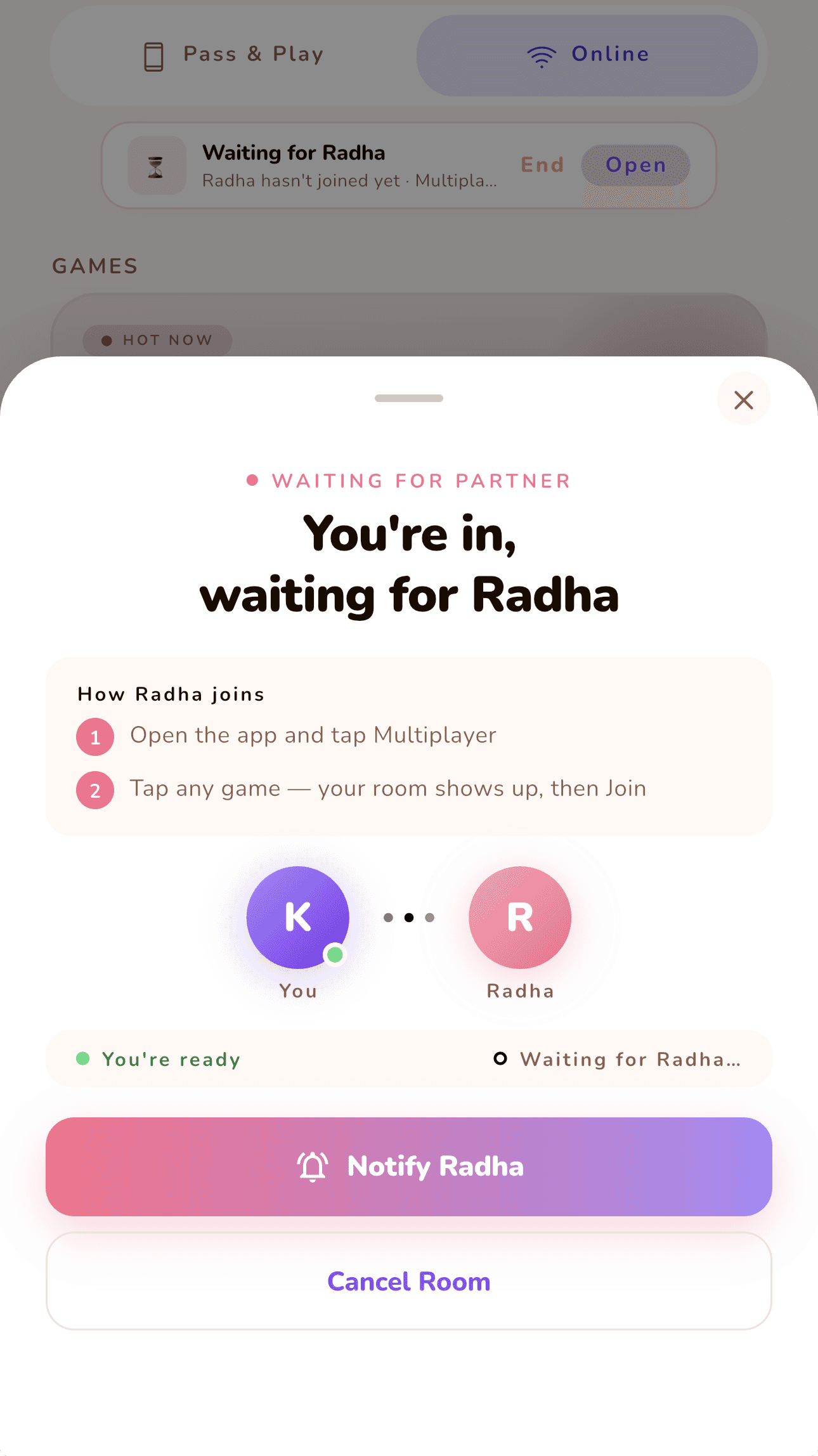 LoveYug waiting screen reading "You're in, waiting for Radha", with two joining steps, a ready indicator for one partner, and a Notify Radha button.