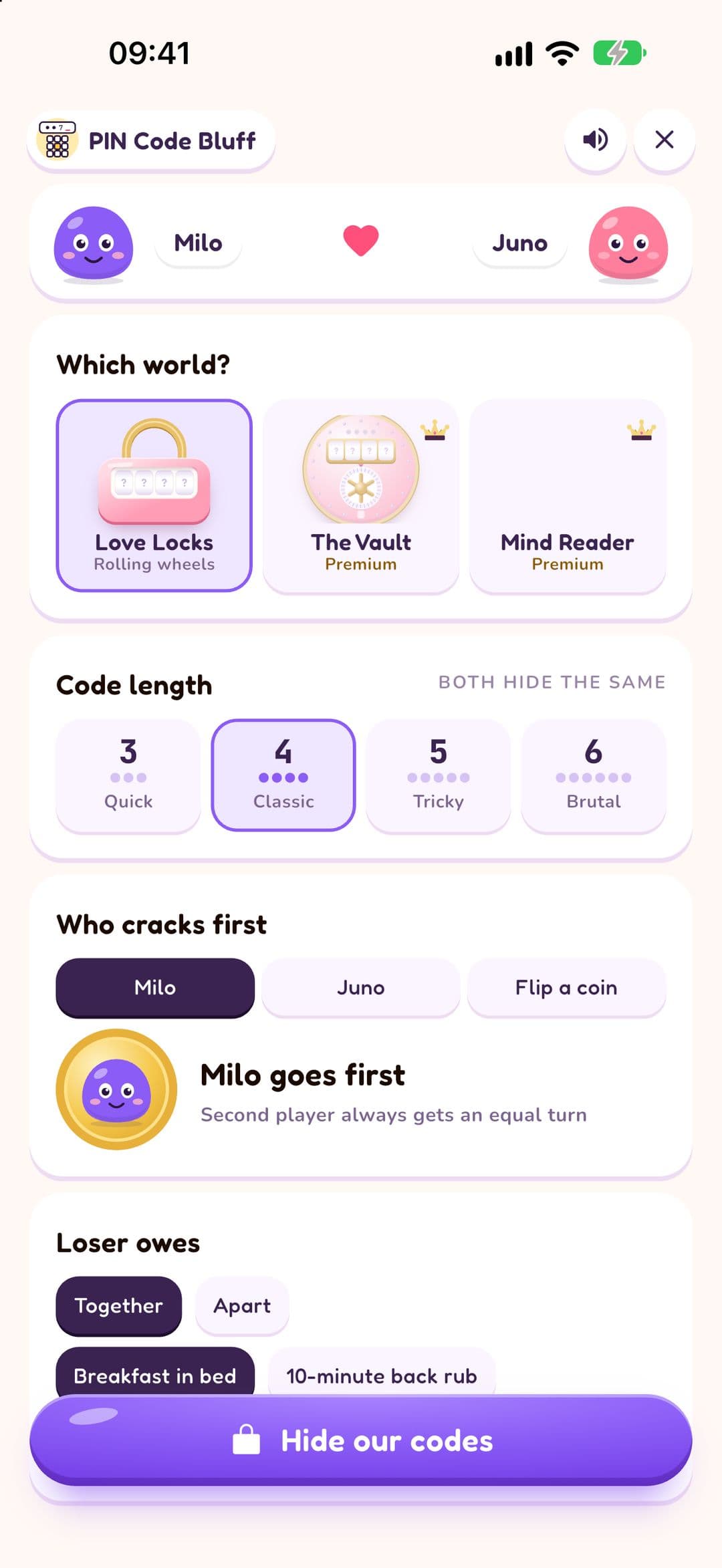 PIN Code Bluff setup in LoveYug: Milo and Juno, the Love Locks world (The Vault and Mind Reader with Premium), a code length of 3, 4, 5 or 6 digits, who cracks first, and what the loser owes.