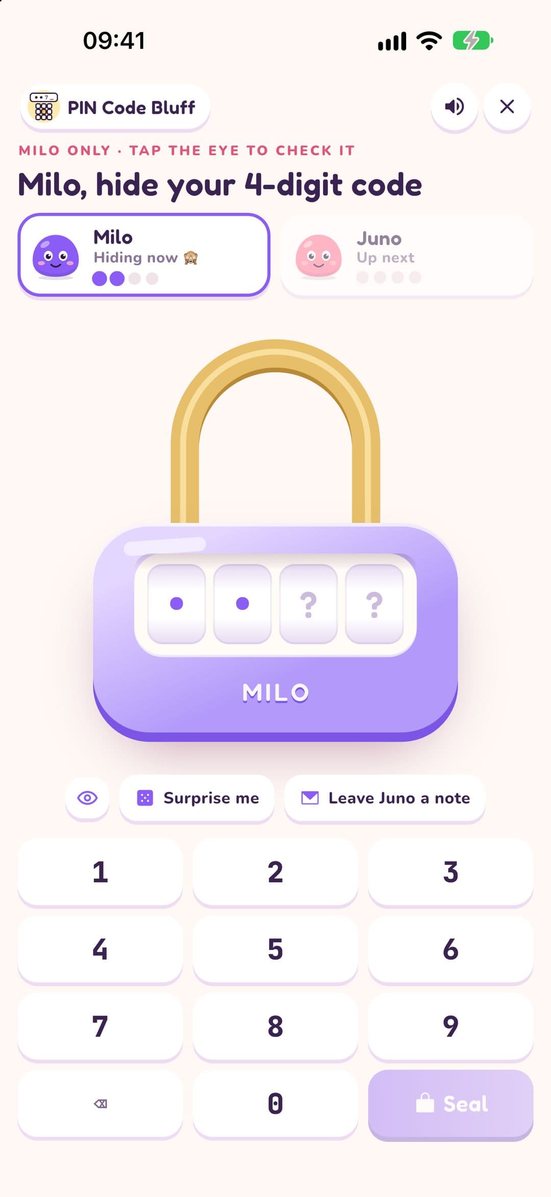 PIN Code Bluff hiding screen: "Milo only. Milo, hide your 4-digit code", a purple padlock with two digits entered as dots, Surprise me and Leave Juno a note buttons, and a number keypad with a Seal button.