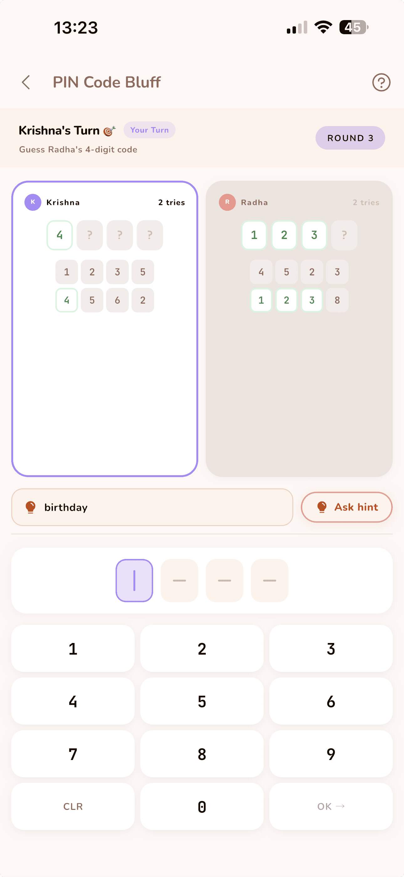 Round three of Pin Bluff, with both partners' guess grids side by side, correct digits highlighted in green, and a shared hint reading "birthday".