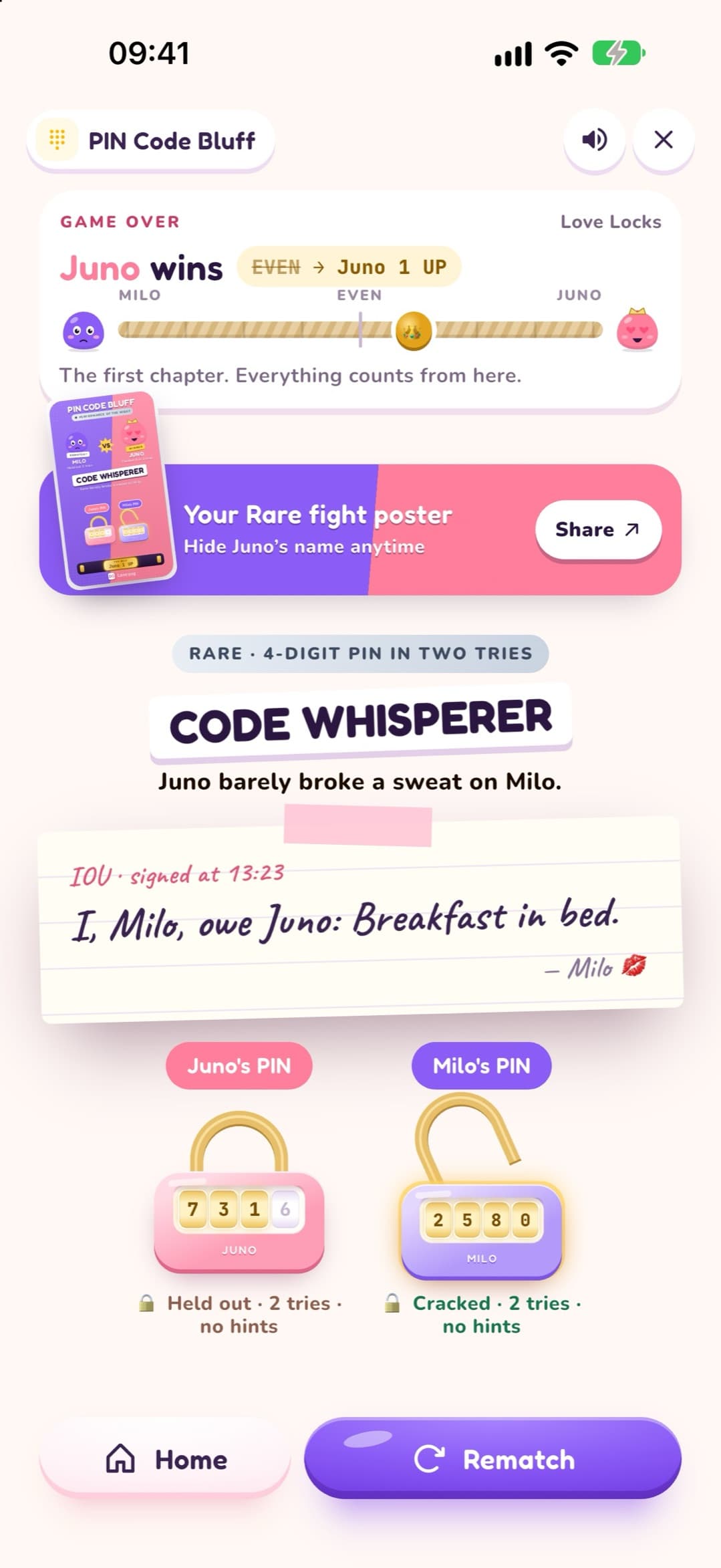 Hasil PIN Rahasia: Juno menang dengan gelar langka Code Whisperer, surat utang bertanda tangan untuk sarapan di kasur, dan kedua gembok.