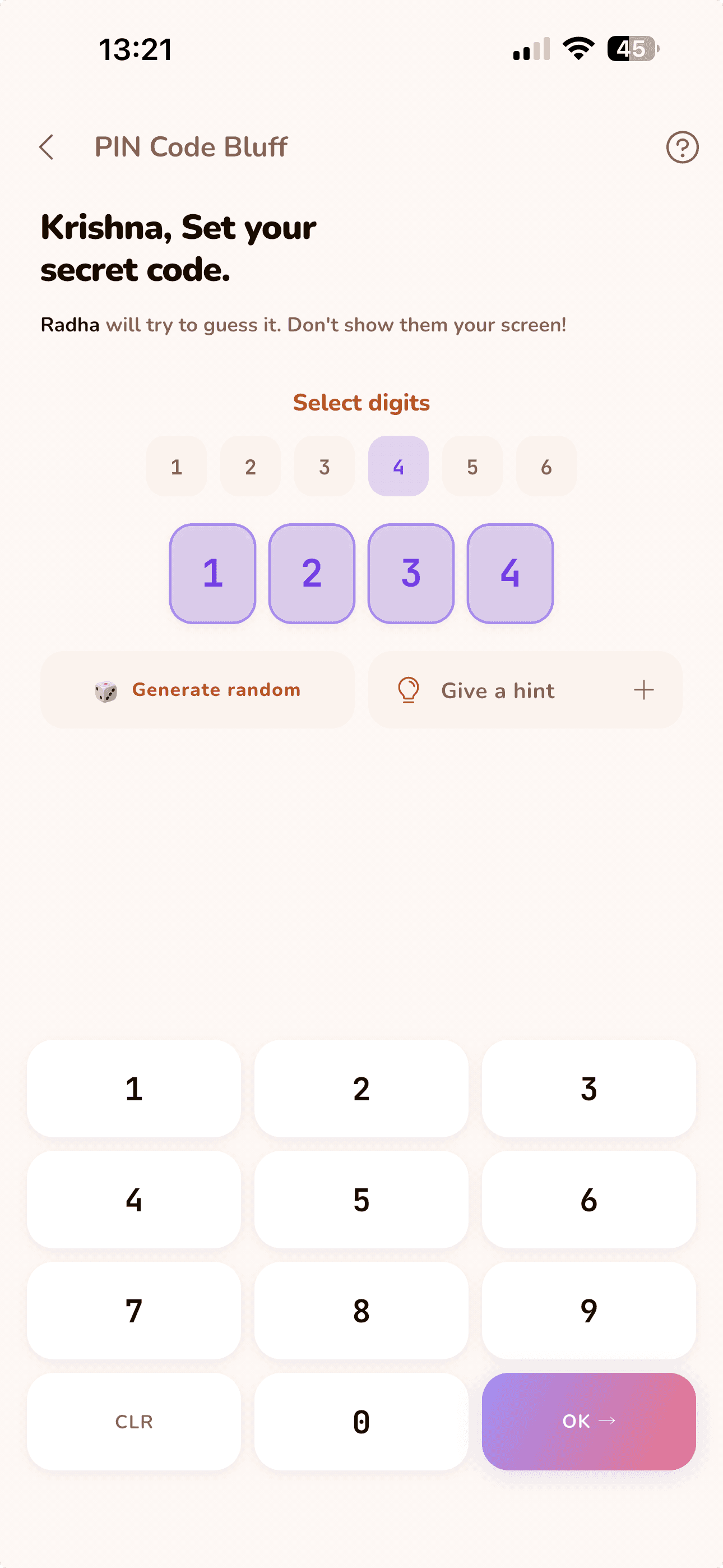 Pin Bluff setup screen in LoveYug, showing a four-digit secret code being entered on a keypad with the warning not to show the screen to your partner.