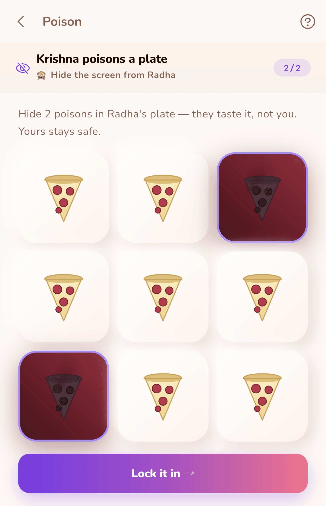 Poison Food setup in LoveYug: a three-by-three grid of pizza slices with two darkened poisoned plates selected, above a Lock it in button.