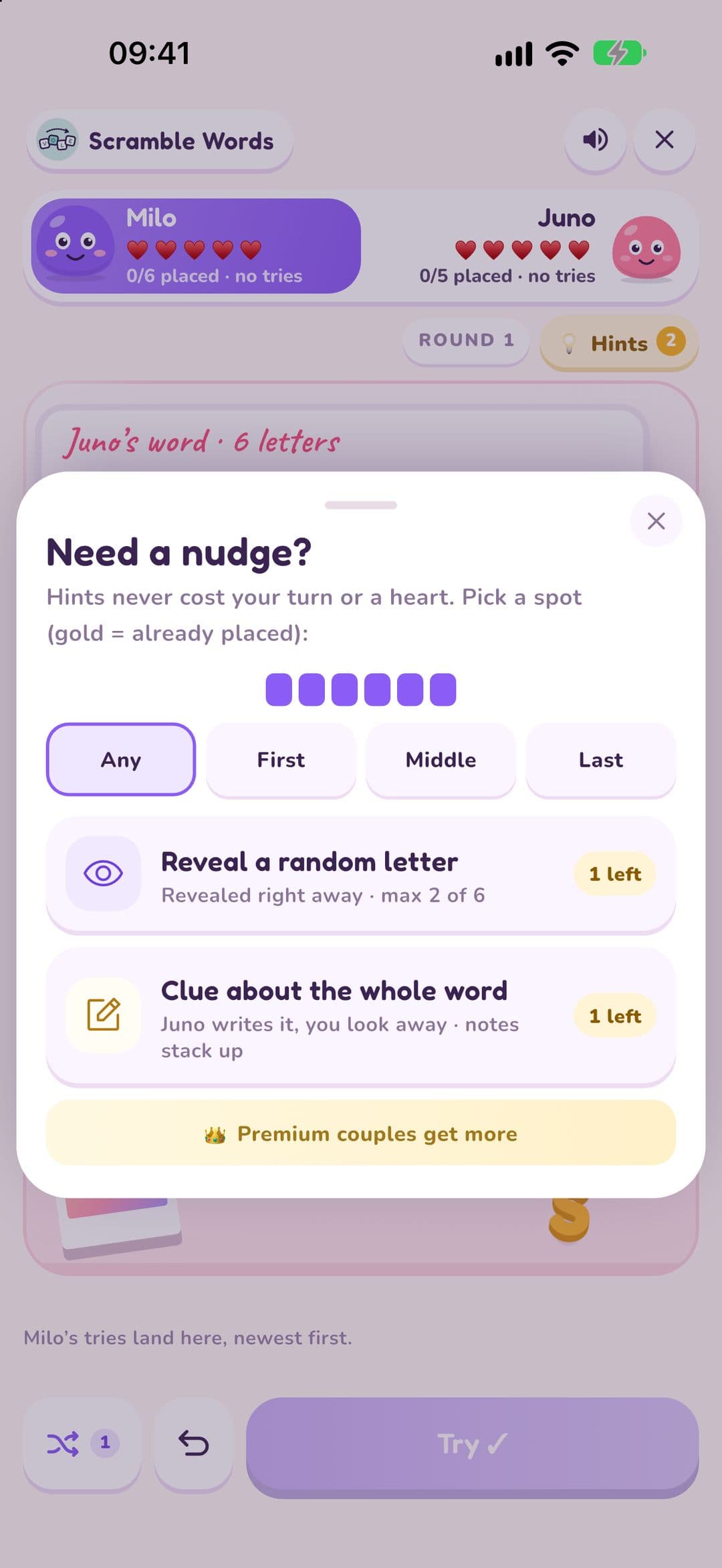 Scramble Words hint sheet: "Need a nudge? Hints never cost your turn or a heart", pick any, first, middle or last spot, then Reveal a random letter or Clue about the whole word, one of each left.