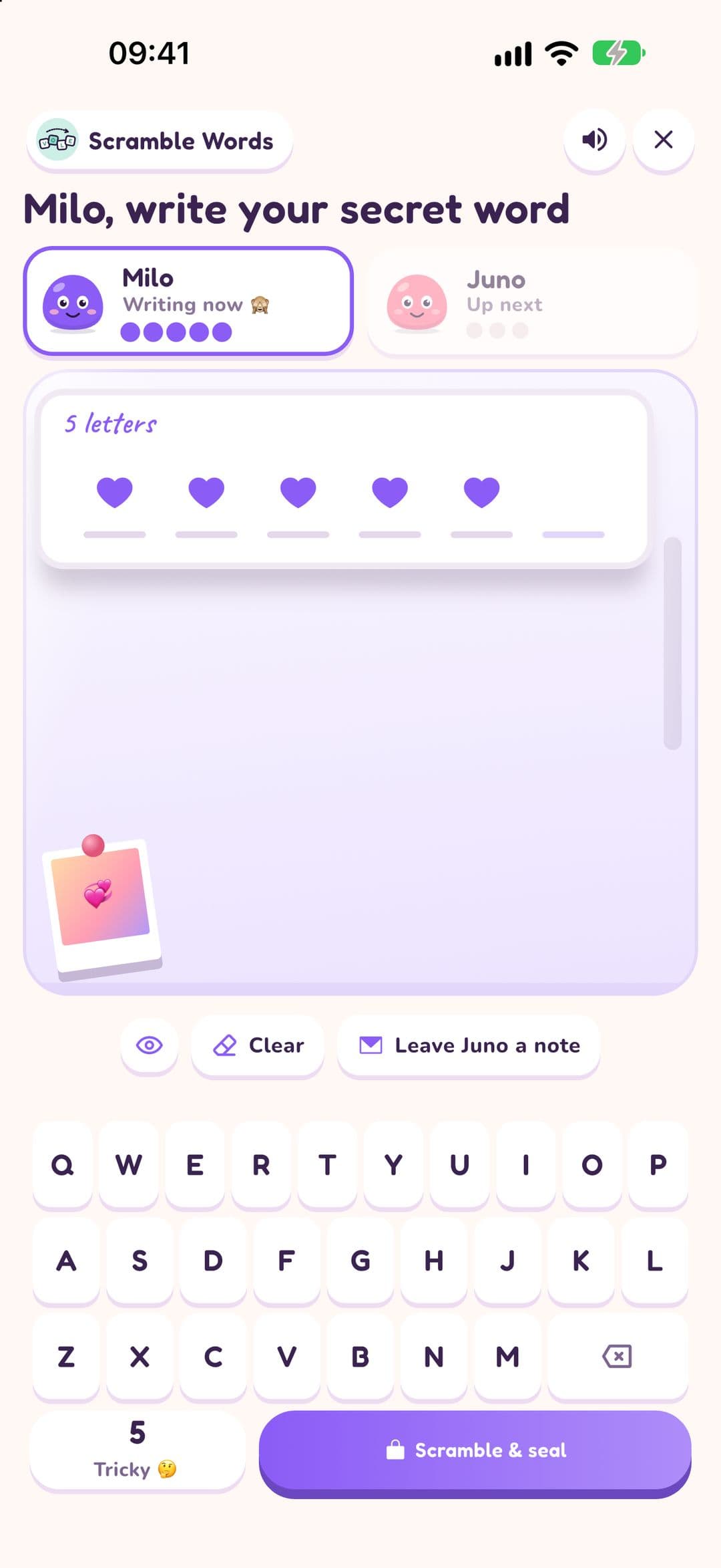 Scramble Words hiding screen: "Milo, write your secret word", a five-letter word shown only as hearts, Clear and Leave Juno a note buttons, a keyboard, and a Scramble & seal button.