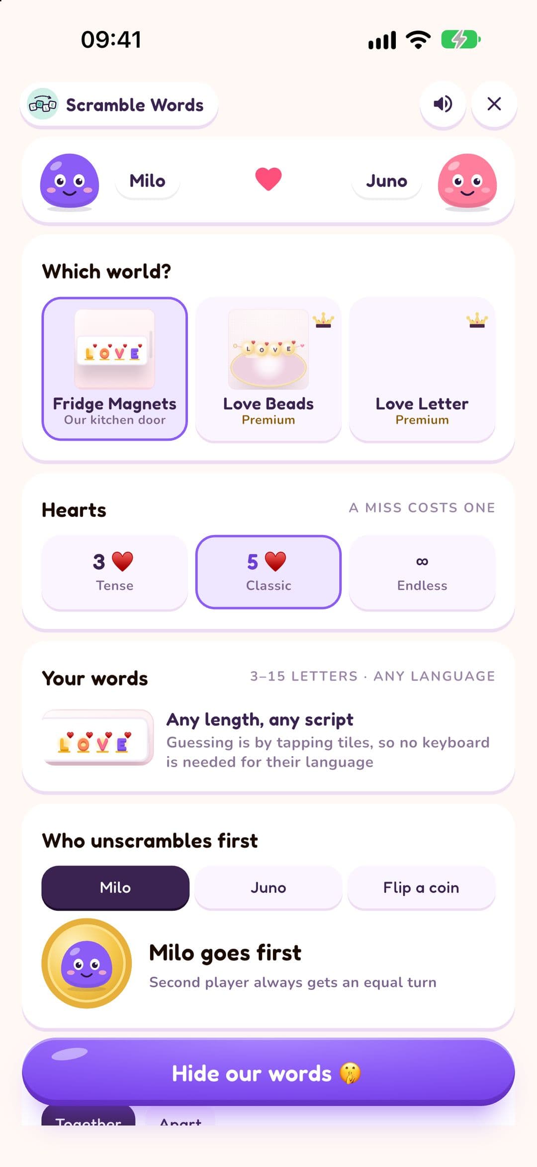 Scramble Words setup in LoveYug: the Fridge Magnets world (Love Beads and Love Letter with Premium), 3, 5 or endless hearts, words of 3 to 15 letters in any language, and who unscrambles first.