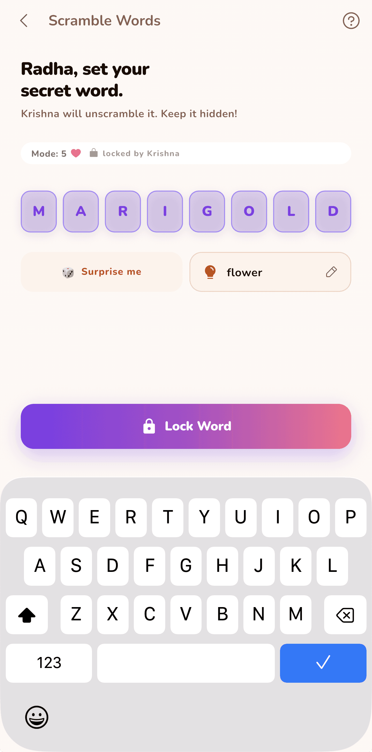 Scramble Words setup in LoveYug, with the secret word MARIGOLD entered as letter tiles and the hint "flower" attached below it.
