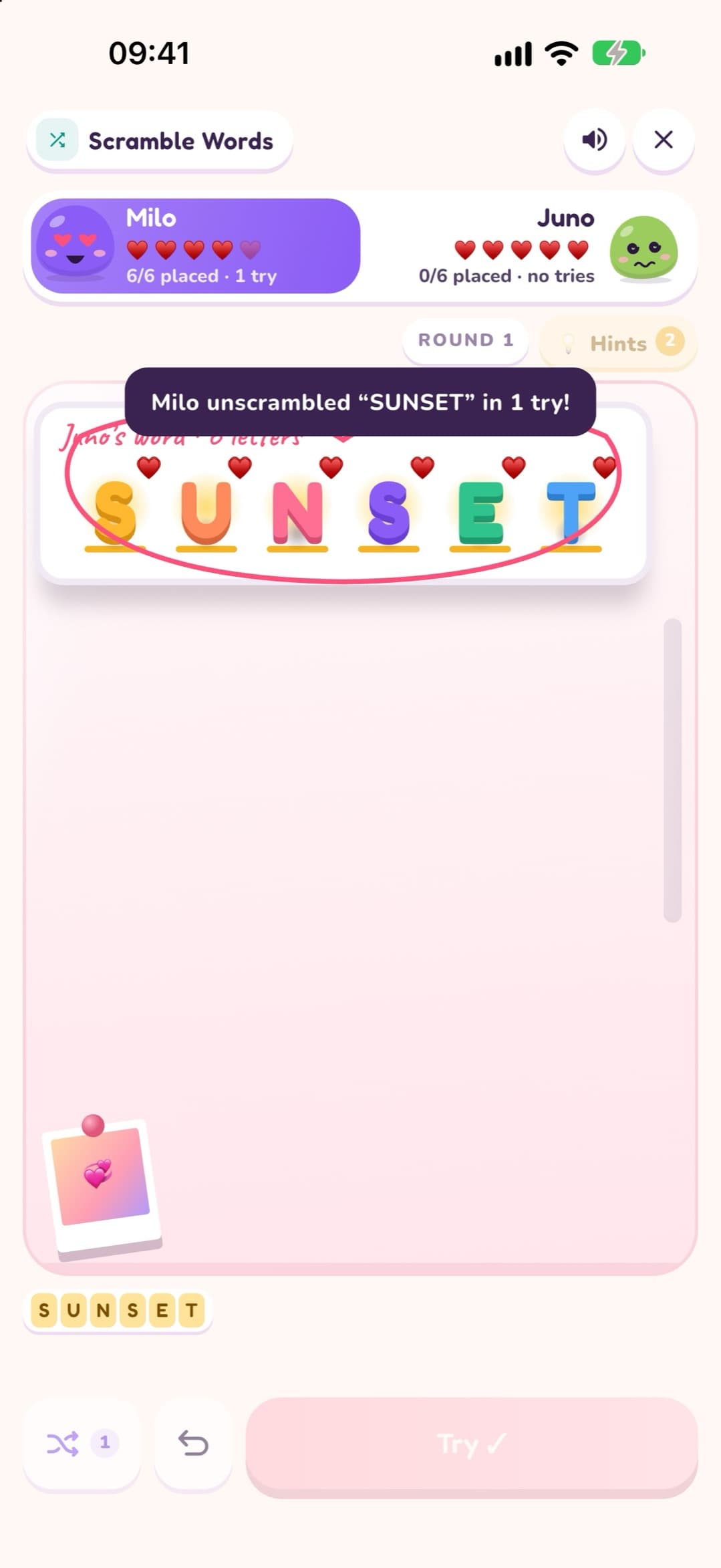 Kata Acak di LoveYug: kata SUNSET terpecahkan, dengan pemberitahuan «Milo memecahkan SUNSET dalam 1 tebakan!».
