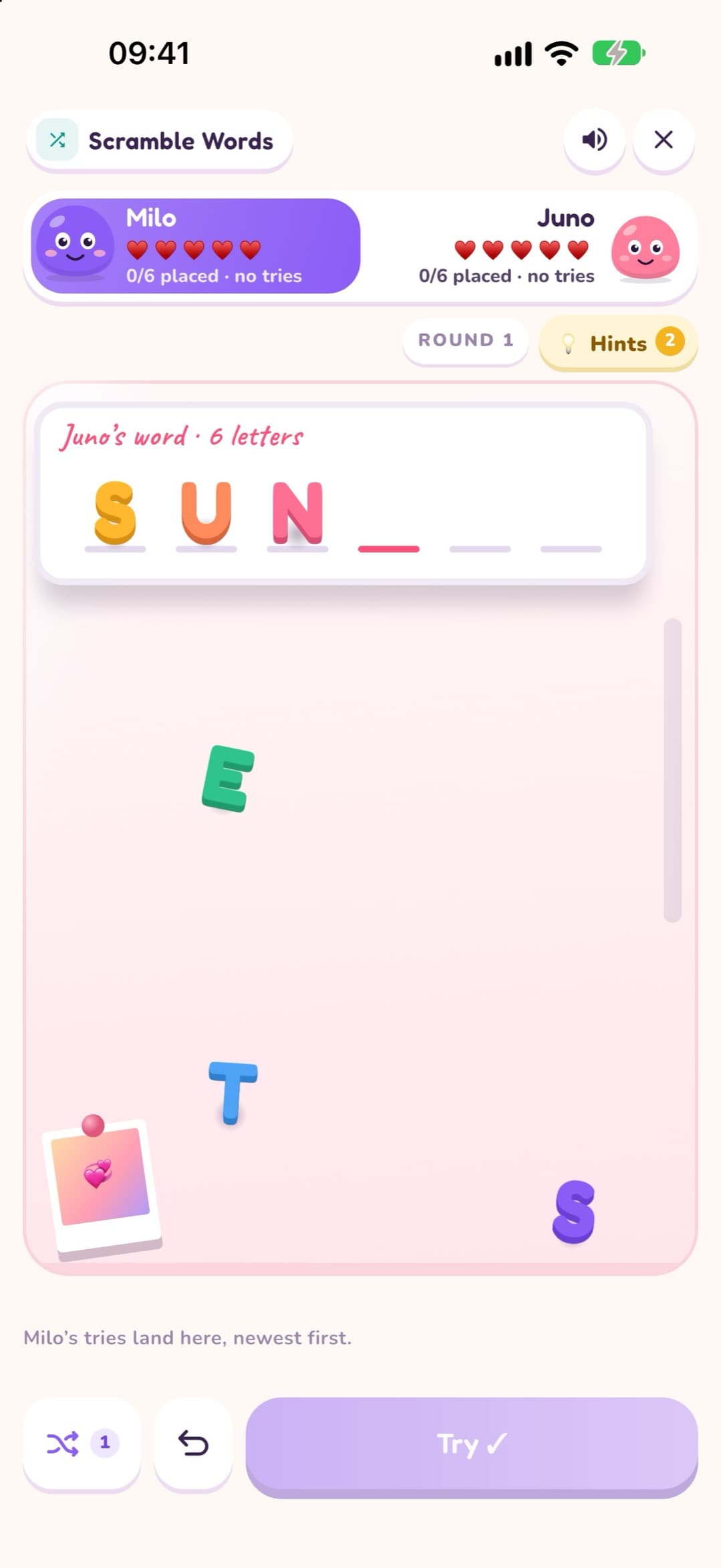 Scramble Words in LoveYug: Juno's six-letter secret word with S, U and N already placed, and the remaining letters E, T and S scattered across the screen.