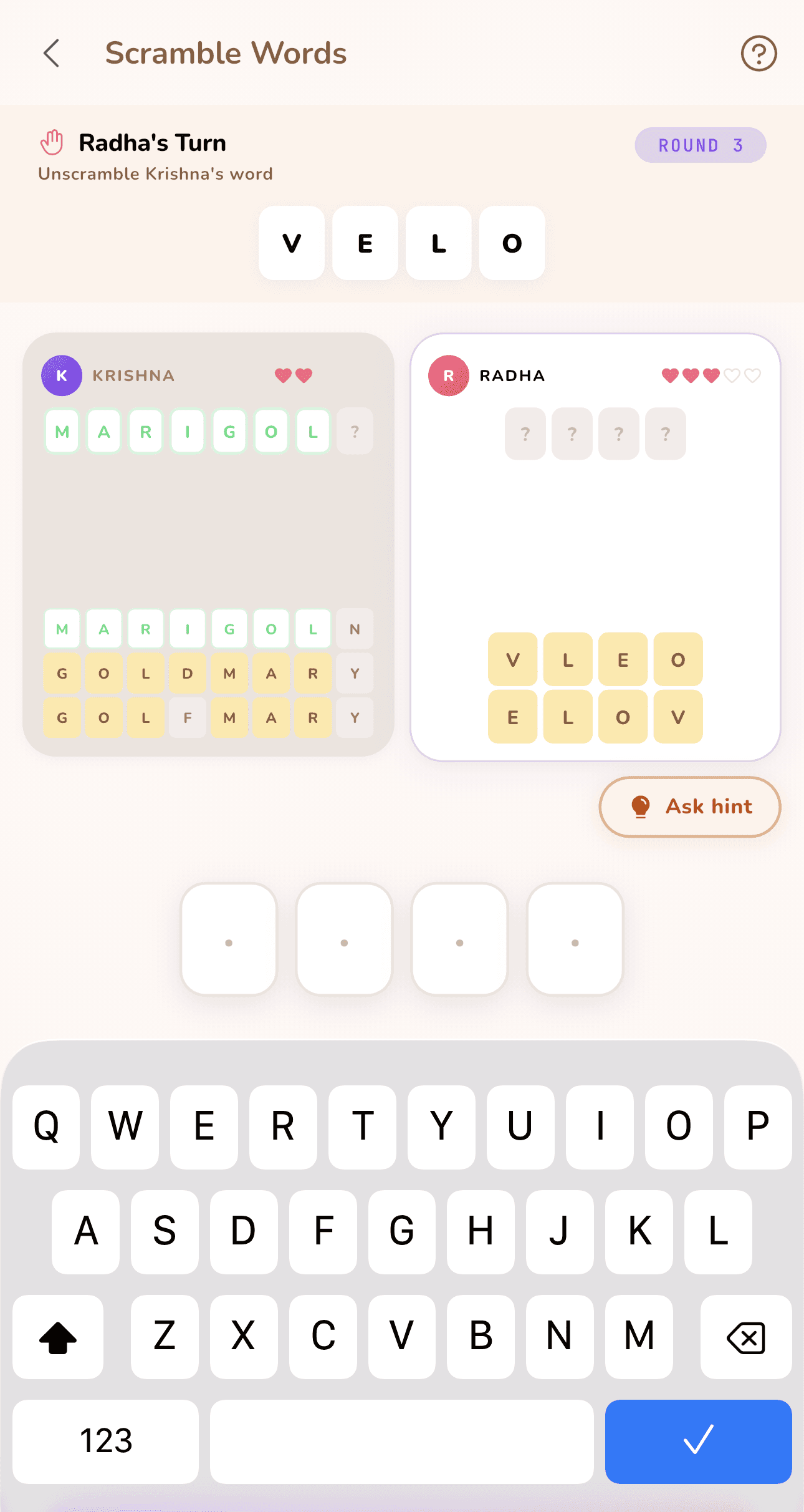 Scramble Words round three, showing both partners' boards side by side with previous guesses colour-coded and remaining lives shown as hearts.