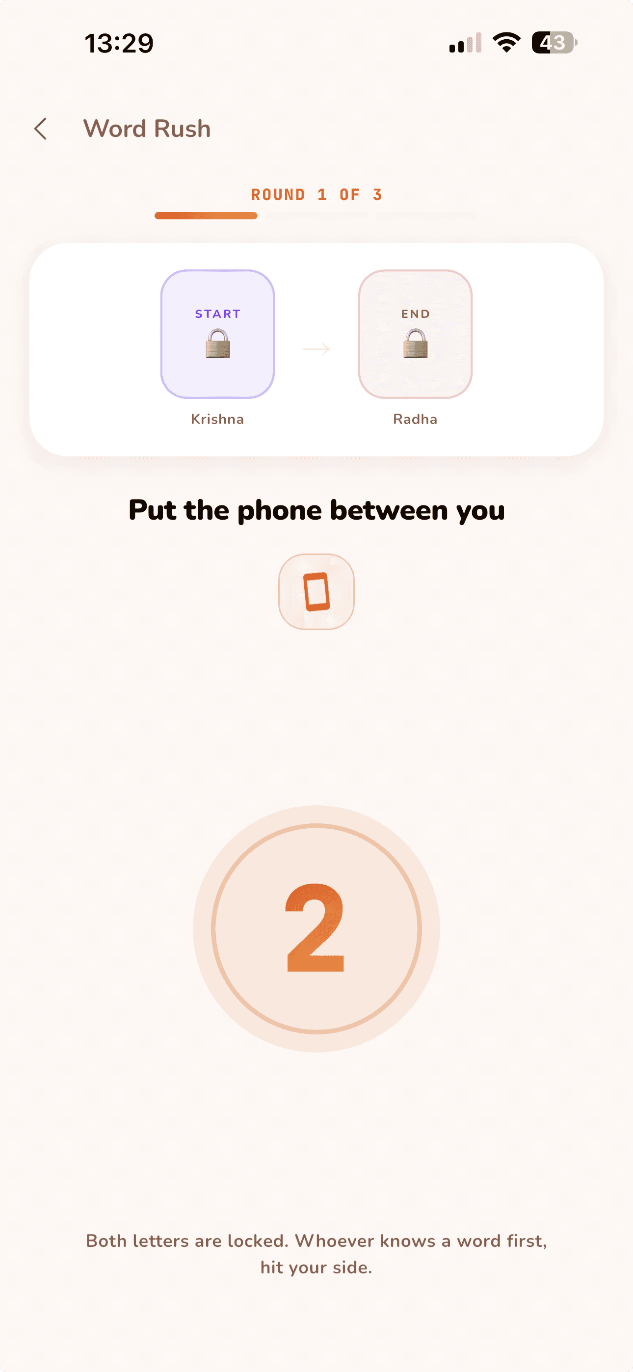 Word Rush countdown screen reading "Put the phone between you", with both letters locked and a two-second countdown.