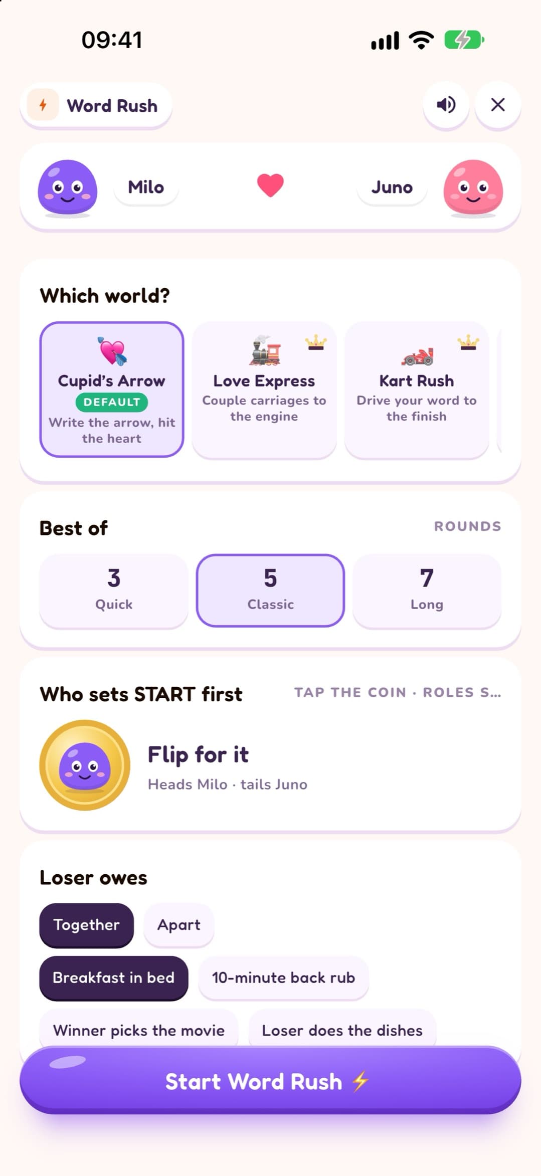 Word Rush setup in LoveYug: pick a world (Cupid's Arrow, Love Express or Kart Rush), best of 3, 5 or 7 rounds, flip a coin for who sets the start letter, and what the loser owes.