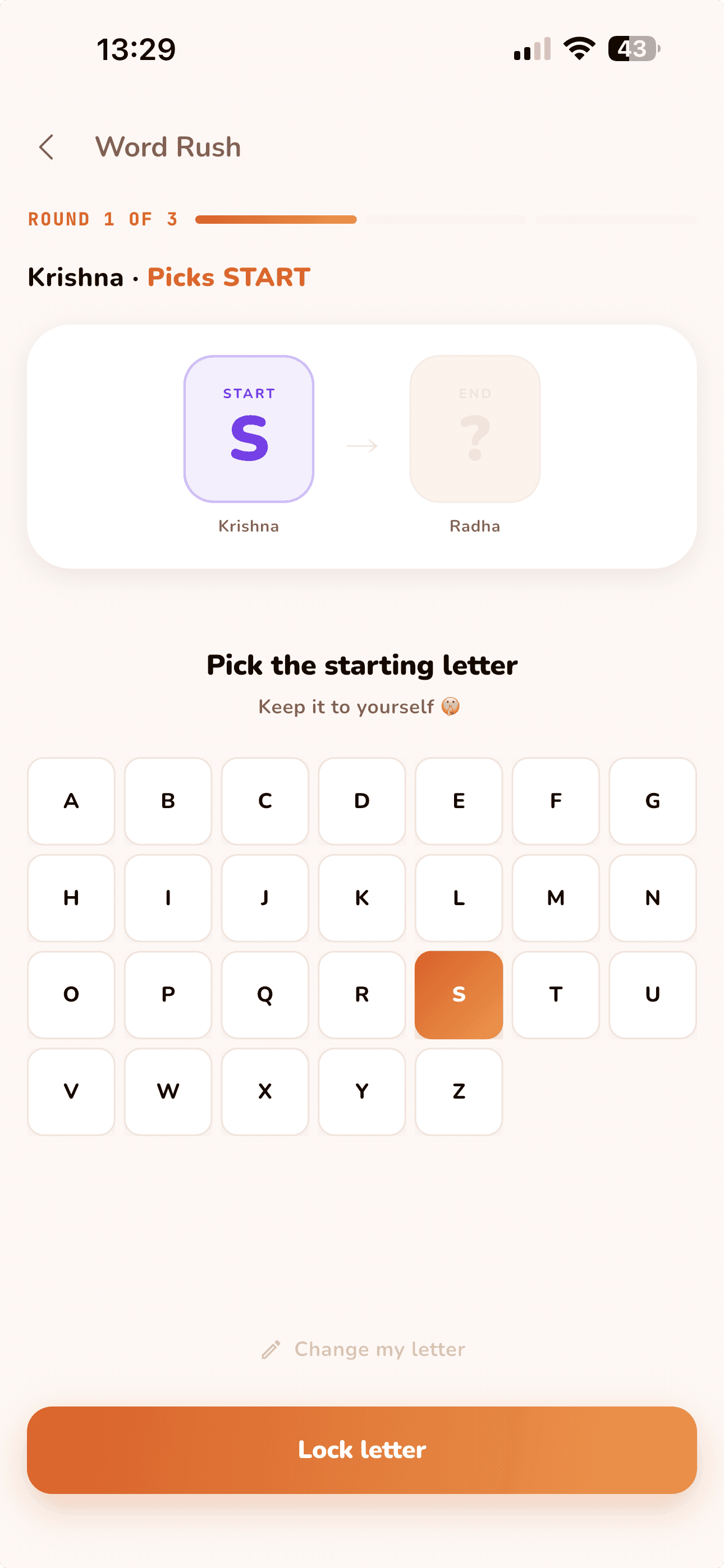 Word Rush letter picker in LoveYug, round one of three, with the letter S selected as the starting letter and a prompt to keep it to yourself.
