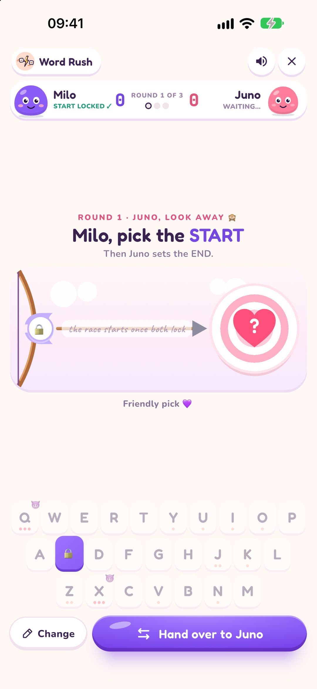Word Rush, round 1 of 3: "Juno, look away. Milo, pick the START", Milo's start letter locked on the arrow, the heart target still showing a question mark, and a Hand over to Juno button.