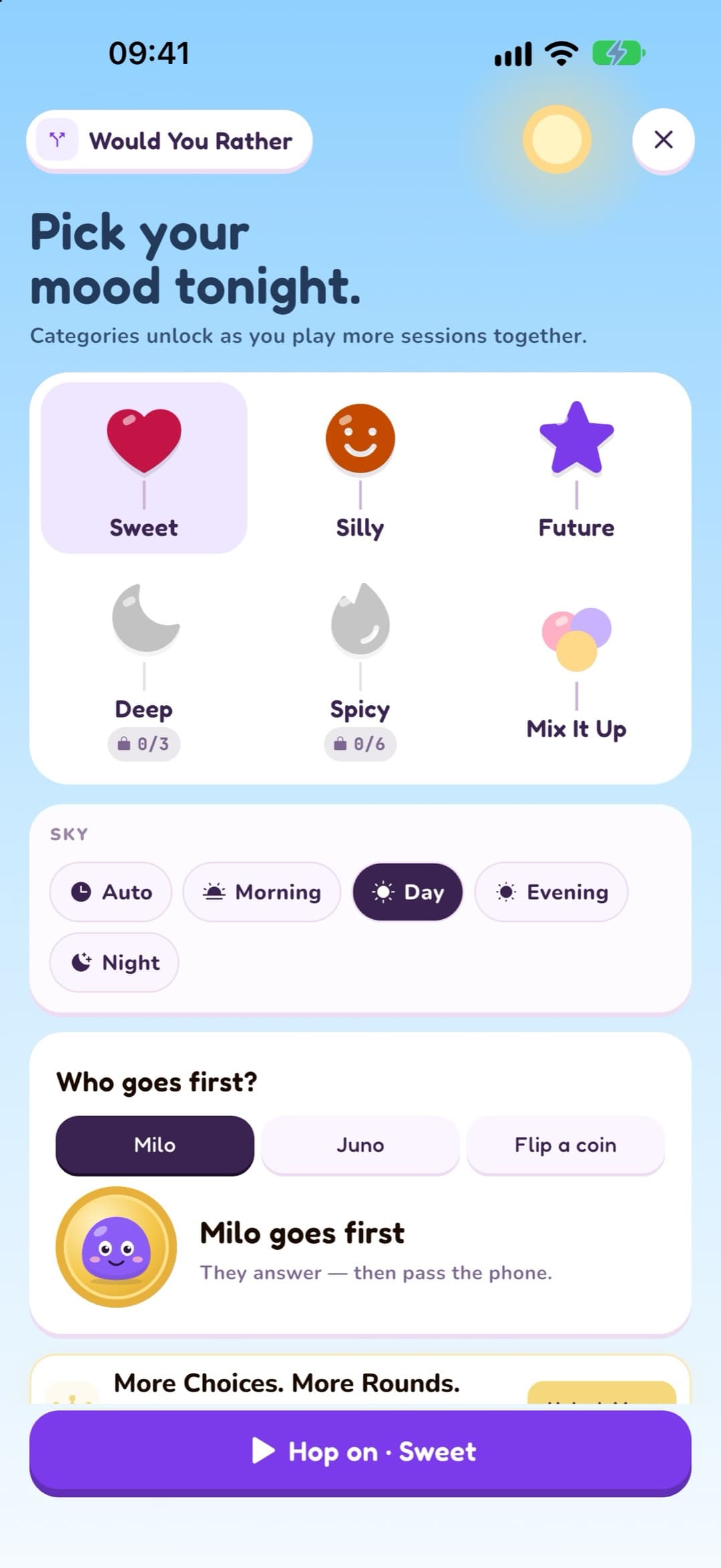 Would You Rather mood picker: Sweet, Silly, Future, Deep, Spicy and Mix It Up categories, a sky setting from morning to night, and who goes first.