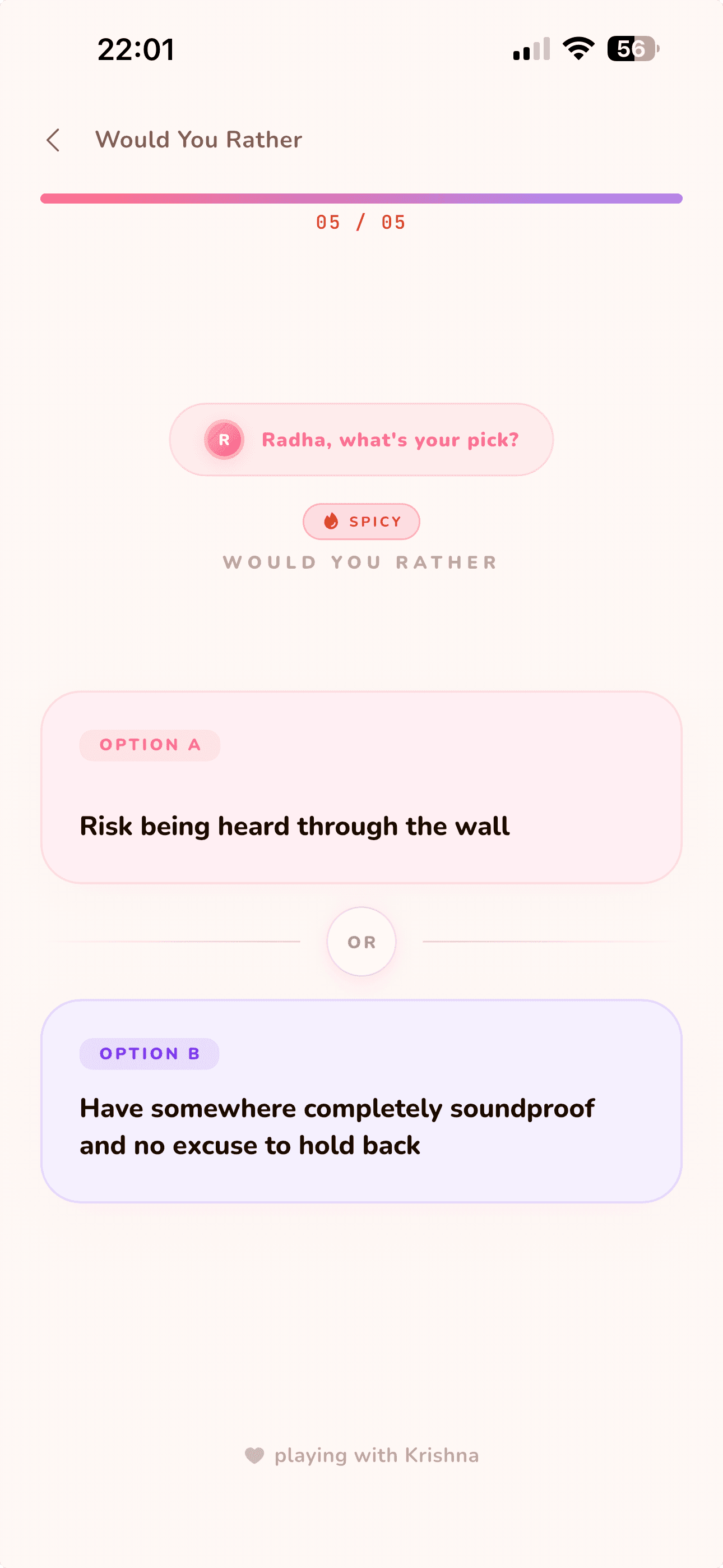 Would You Rather in LoveYug, showing Radha choosing between two options in the Spicy category during the fifth round of a session with Krishna.