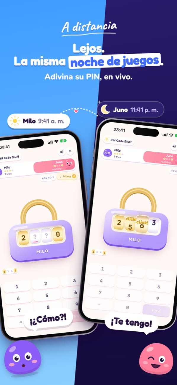 Captura de LoveYug en la App Store: dos móviles, Milo a las 9:41 y Juno a las 23:41, jugando a Pin Bluff en vivo a distancia.
