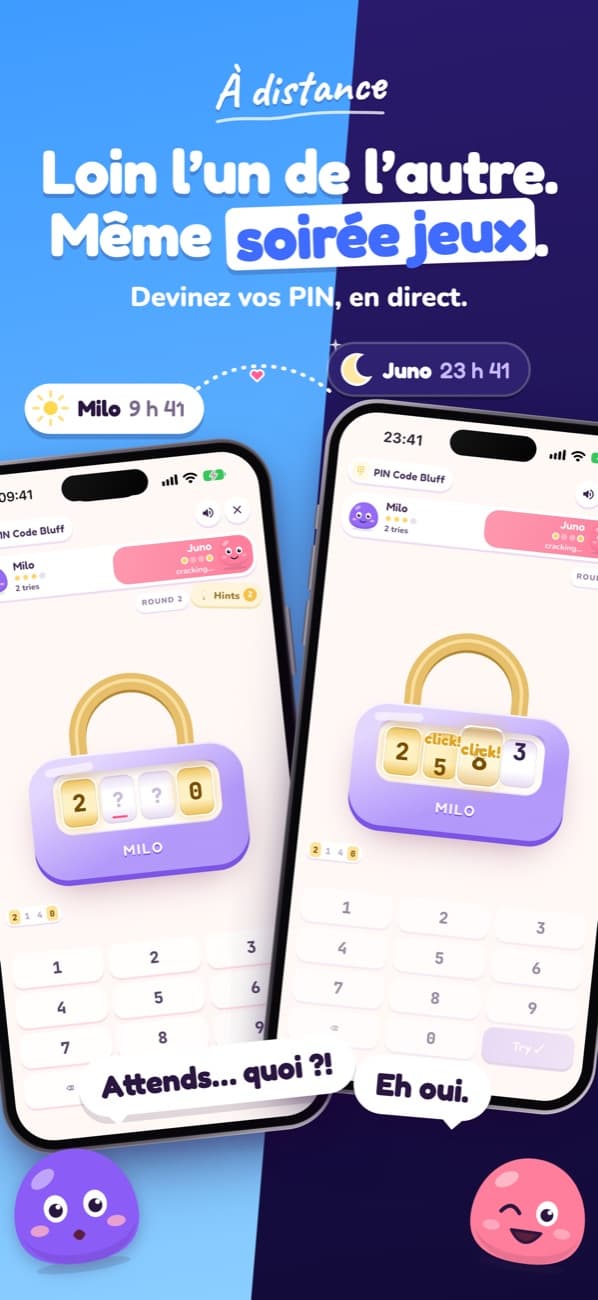 Capture LoveYug de l’App Store : deux téléphones, Milo à 9:41 et Juno à 23:41, qui jouent à Pin Bluff en direct à distance.
