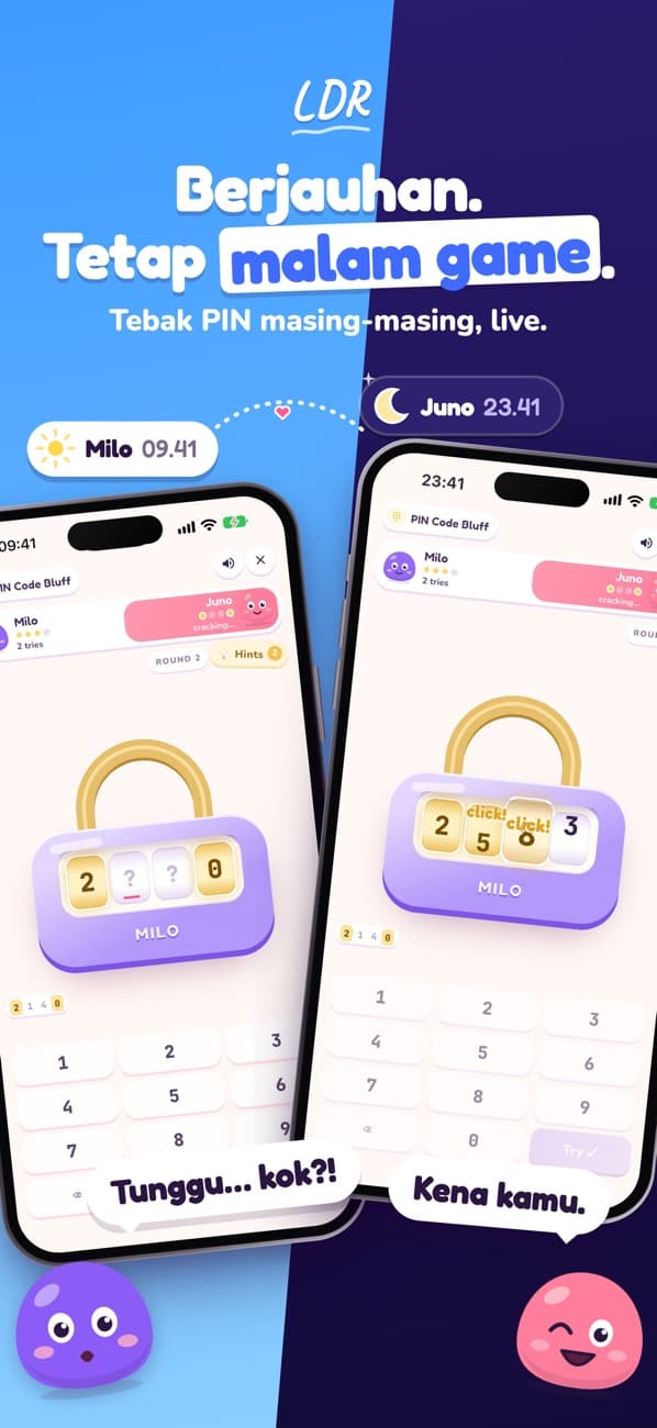 Tangkapan layar LoveYug di App Store: dua HP, Milo pukul 9.41 dan Juno pukul 23.41, main PIN Rahasia live dari jauh.