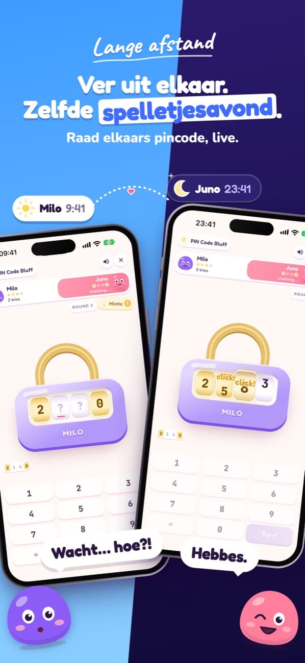 LoveYug-screenshot uit de App Store: twee telefoons, Milo om 9:41 en Juno om 23:41, spelen live Pin Bluff op afstand.