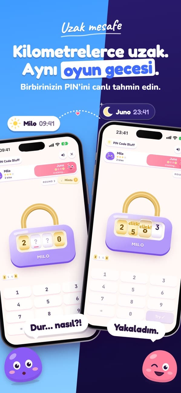 App Store’daki LoveYug ekran görüntüsü: iki telefon, saat 9:41’de Milo ve 23:41’de Juno, uzaktan canlı PIN Code Bluff oynuyor.