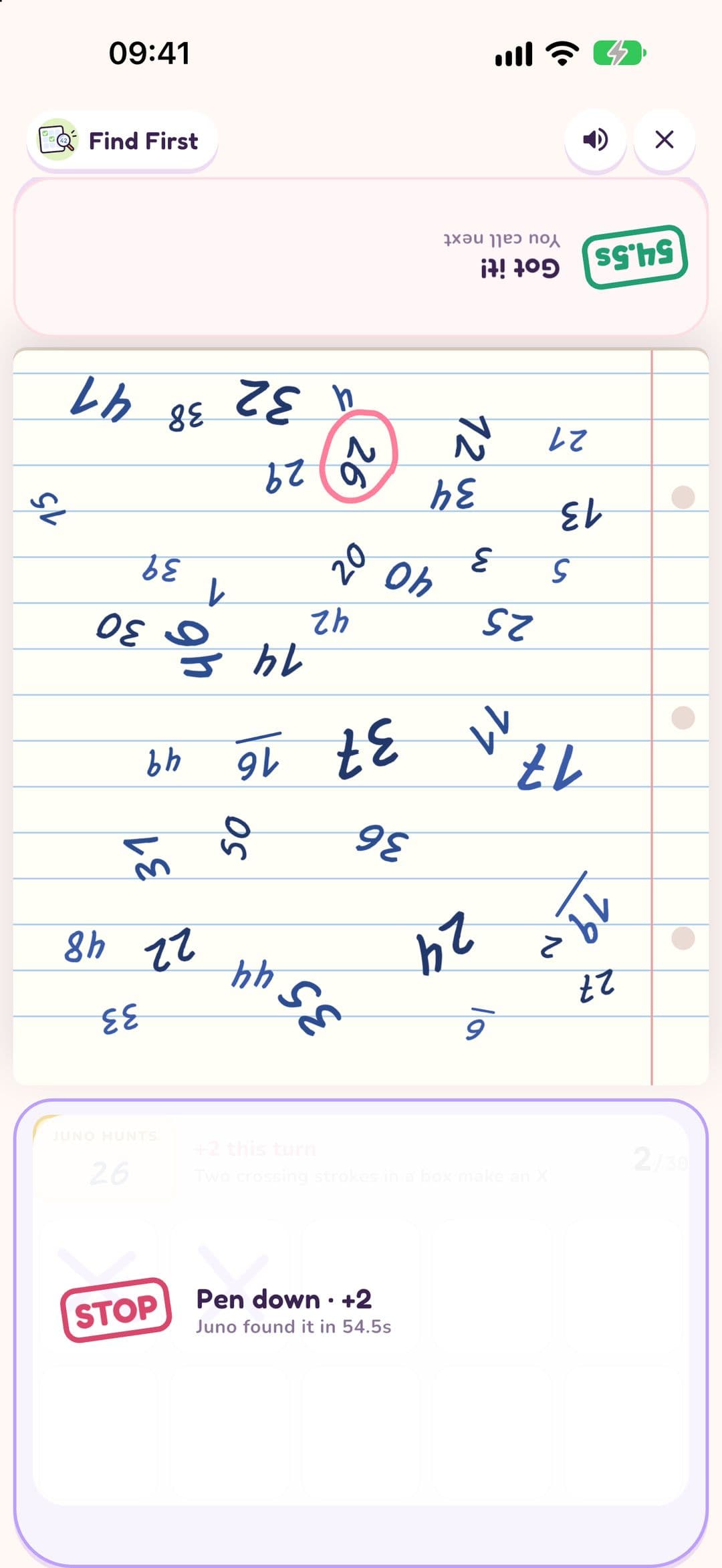 Find First in LoveYug: a page of handwritten numbers with 26 circled in pink and "Got it!".
