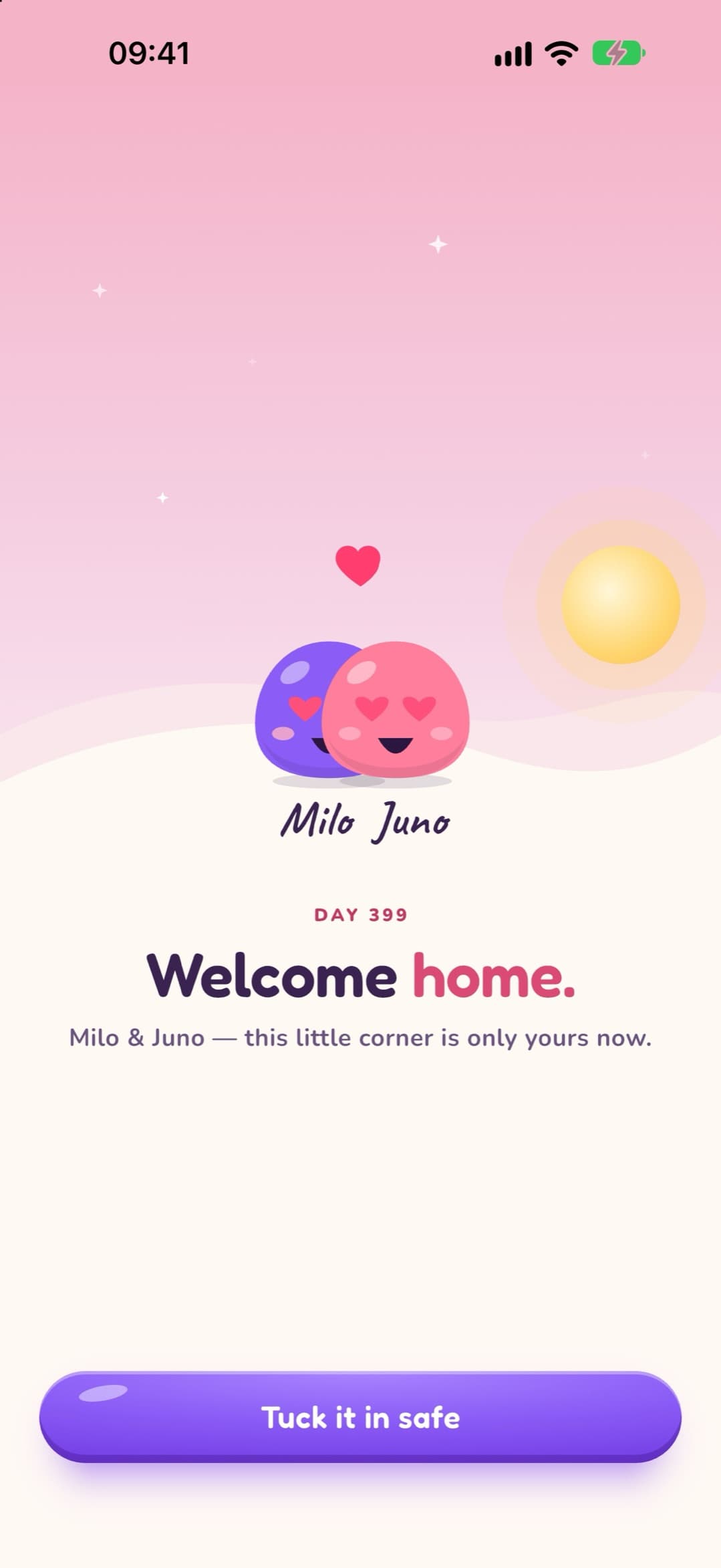 LoveYug welcome screen after pairing: Milo and Juno hugging under a heart, the words "Welcome home" and "Milo & Juno, this little corner is only yours now".