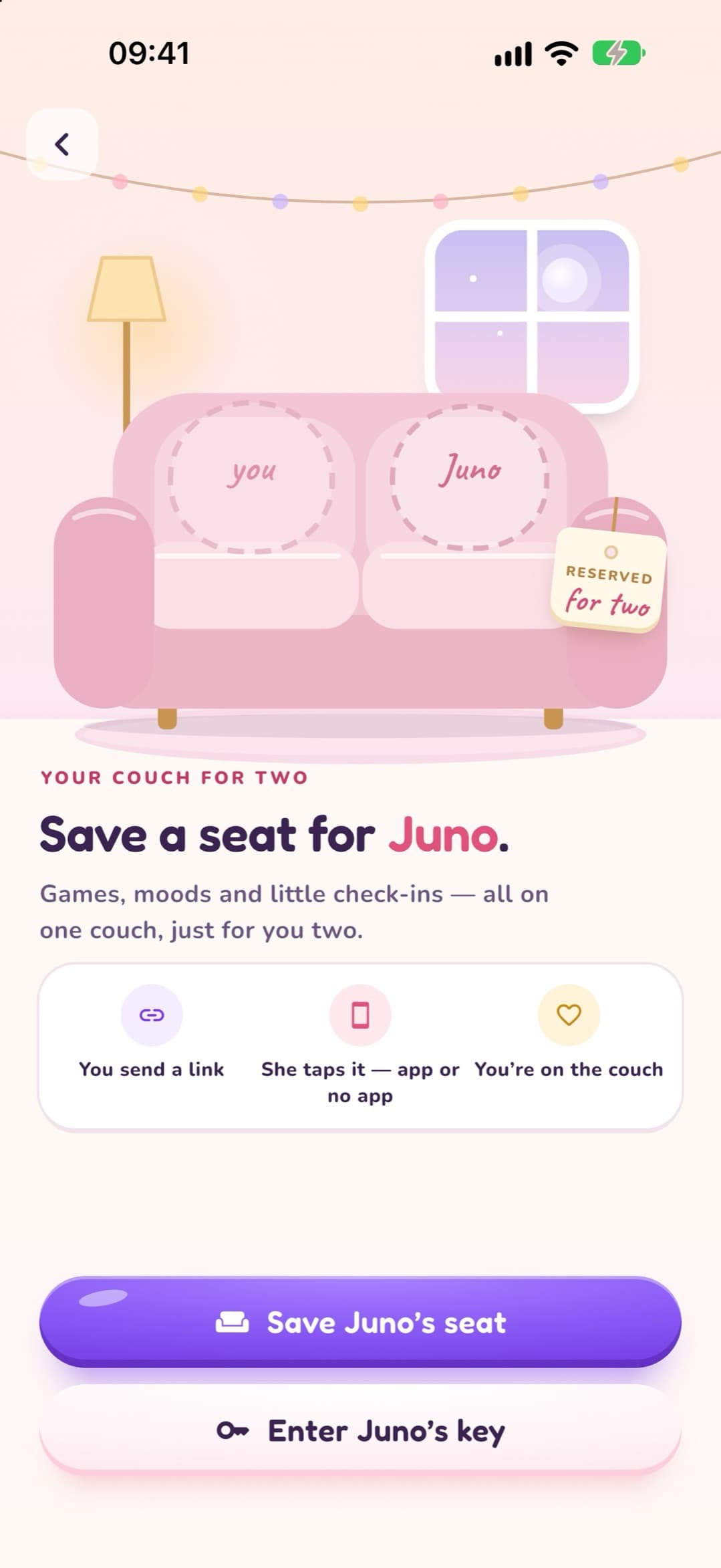 LoveYug invite screen: a pink couch with a cushion reserved for Juno and the steps "You send a link, she taps it, you're on the couch", above Save Juno's seat and Enter Juno's key buttons.