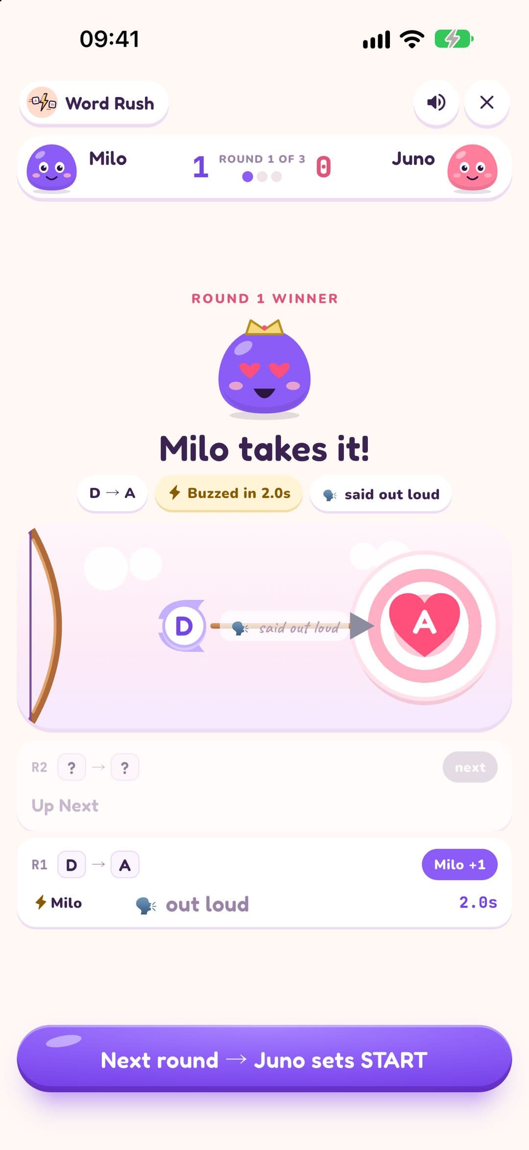 Word Rush in LoveYug: a crowned Milo wins the round, D to A, with the arrow in the heart target.